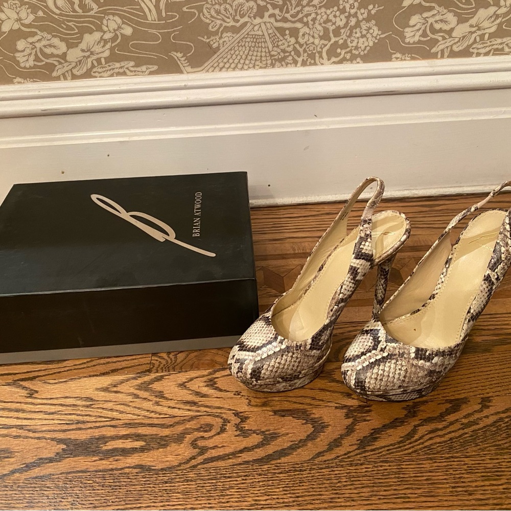 Brian Atwood snakeskin slingback platform heels